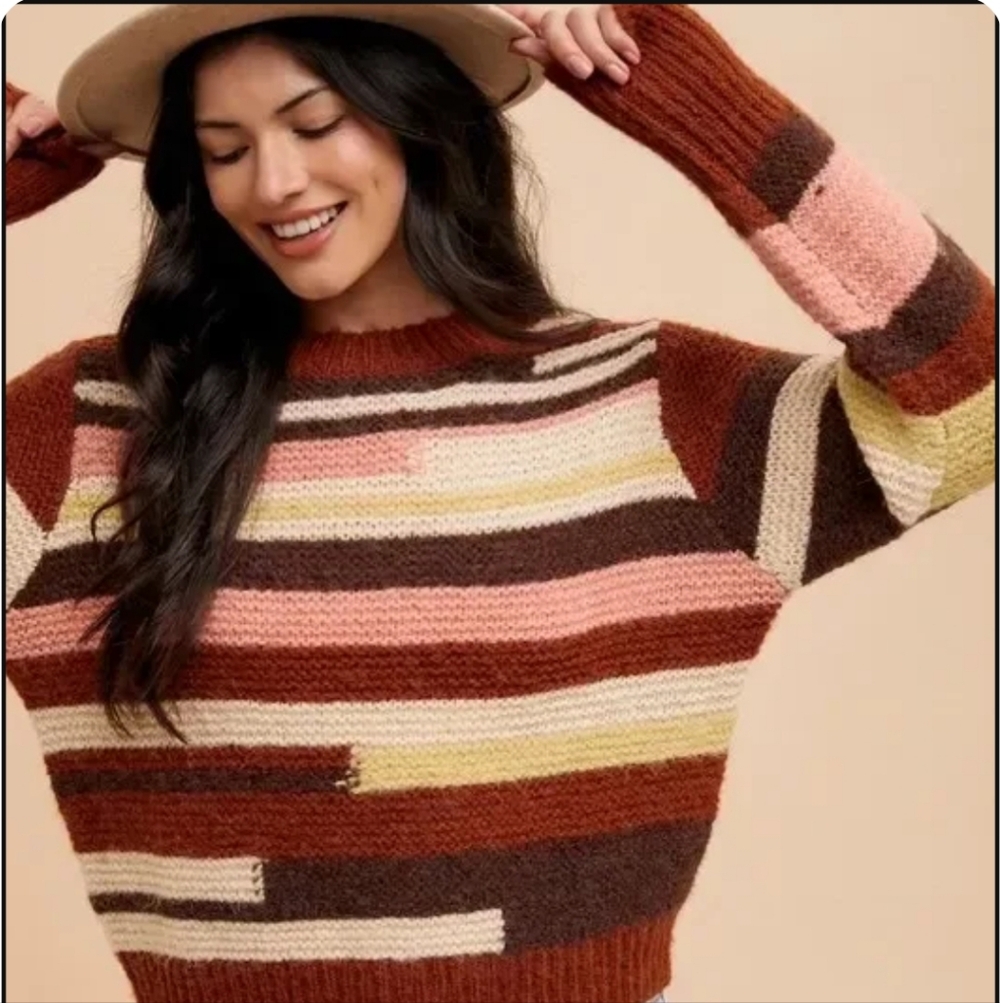 Cozy Patterned Women's Sweater in Brown, Pink, and Cream
